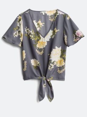 nine britton Arella Gray Floral Tie-Front V-Neck Blouse